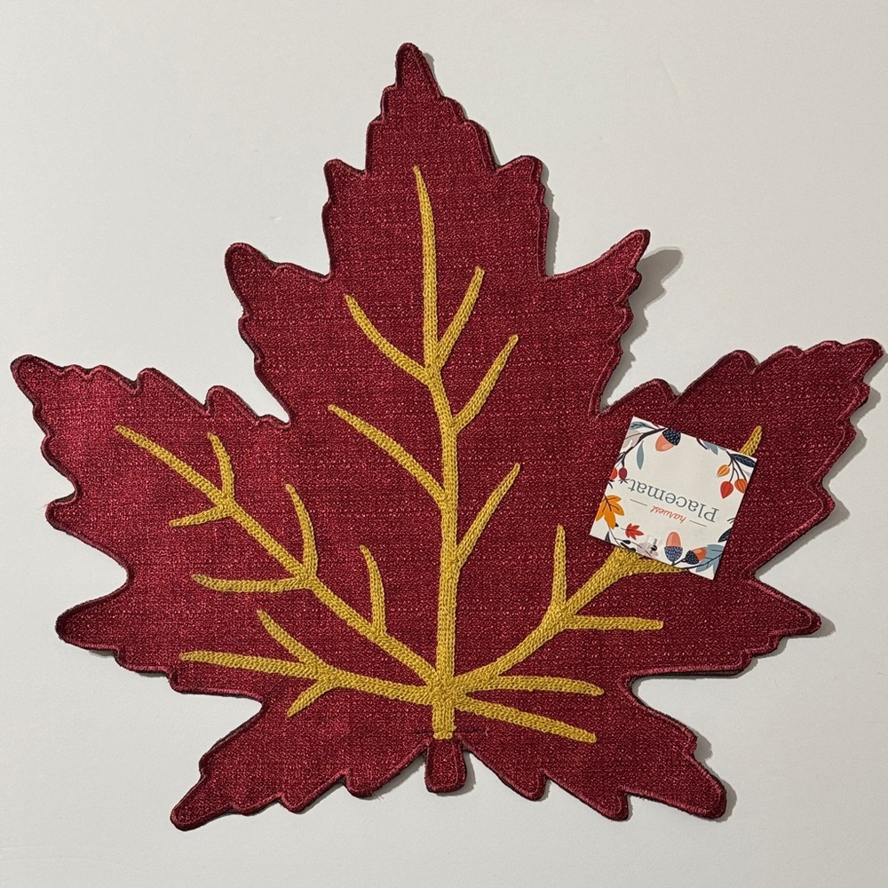 Fall Decorative Place Mat - Burgundy Maple Leaf with Gold Veins, Set of 6